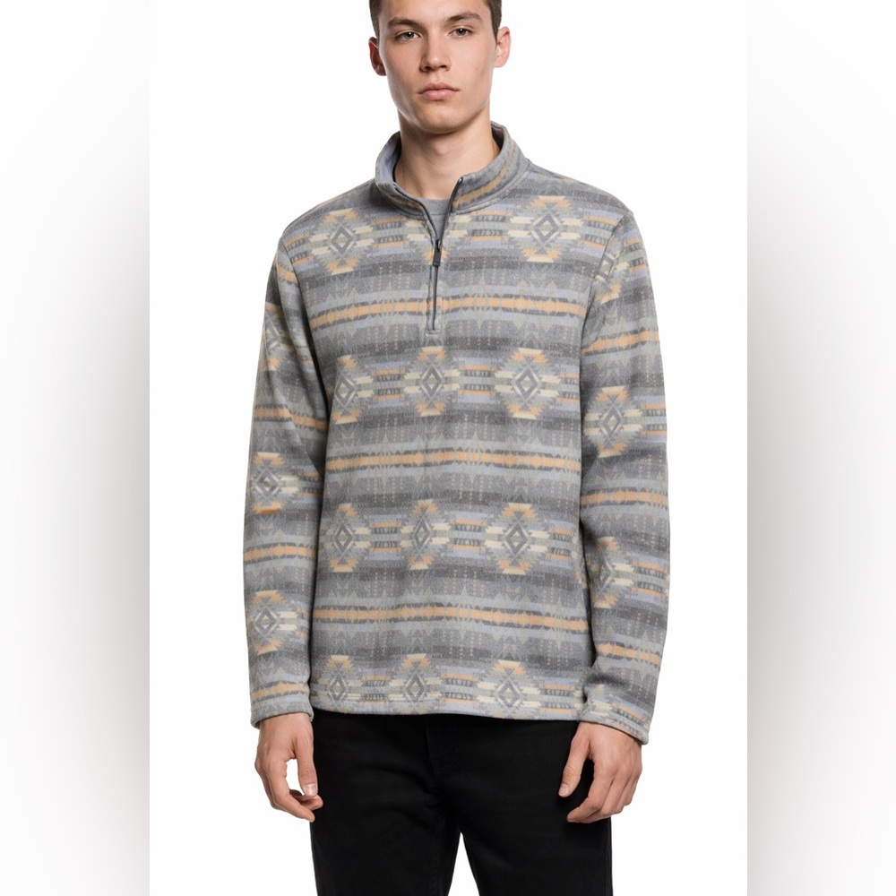 Frye Men’s Quarter Zip Pullover Sweater s Aztec Print Iron Gate Gray Fleece NWT